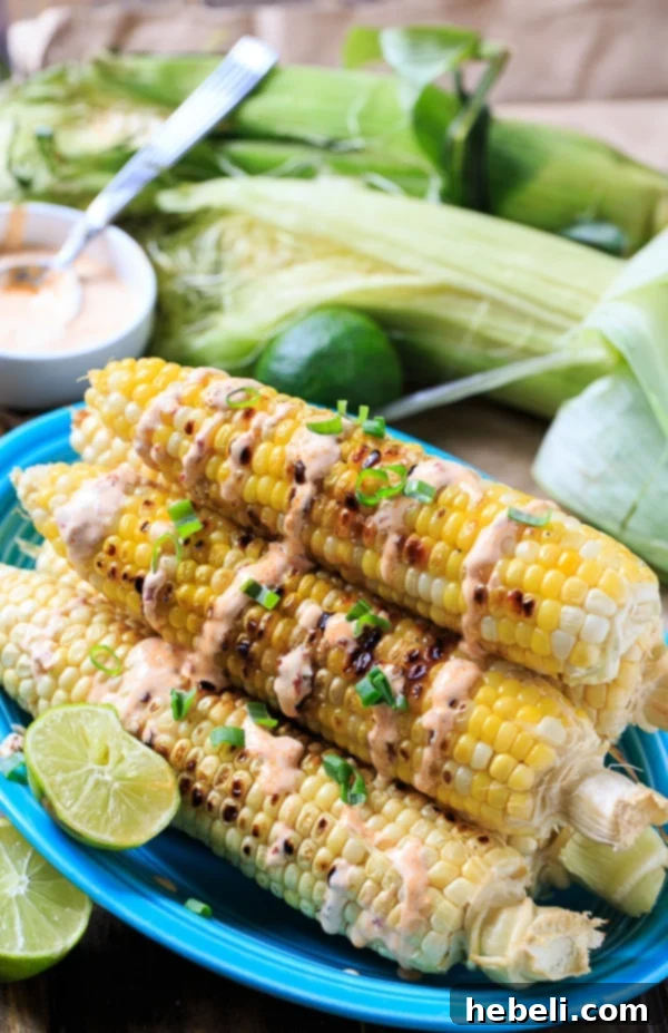 Smoky Grilled Corn with Creamy Chipotle 3 Several ears of grilled corn on the cob, generously coated with chipotle cream sauce and garnished with fresh green herbs.