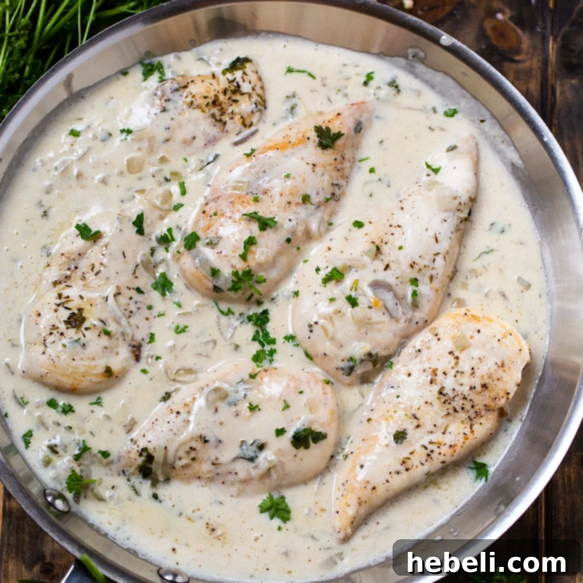 Succulent chicken breasts submerged in a rich Jack Daniels Cream Sauce in a large skillet, ready to serve.