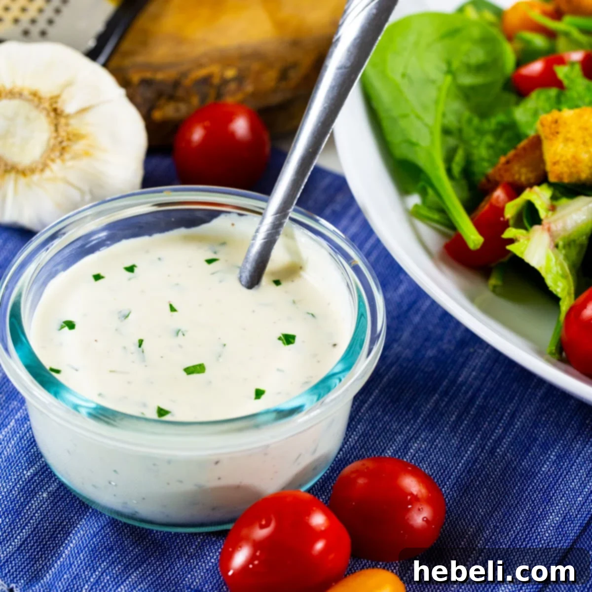 Carrabbas Style Creamy Parmesan Dressing 2 Rich Creamy Parmesan Dressing in a stylish bowl, with a fresh green salad visible beside it, ready to be enjoyed.