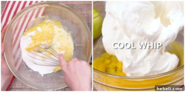 A whisk blending pudding mix and milk in a bowl, forming the creamy base.