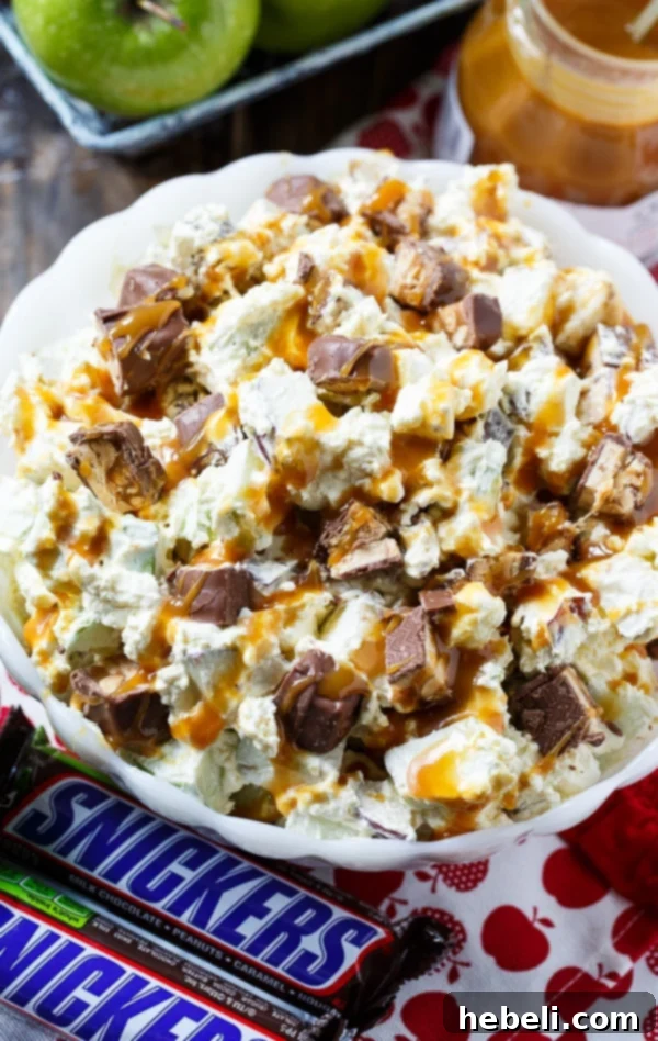 Another beautiful shot of Caramel Apple Snickers Salad, ready for serving.