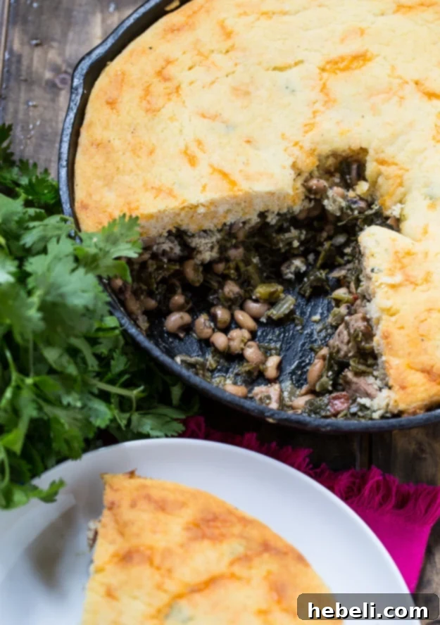 Close-up of the Festive Good Luck Cornbread Skillet, ready to serve.