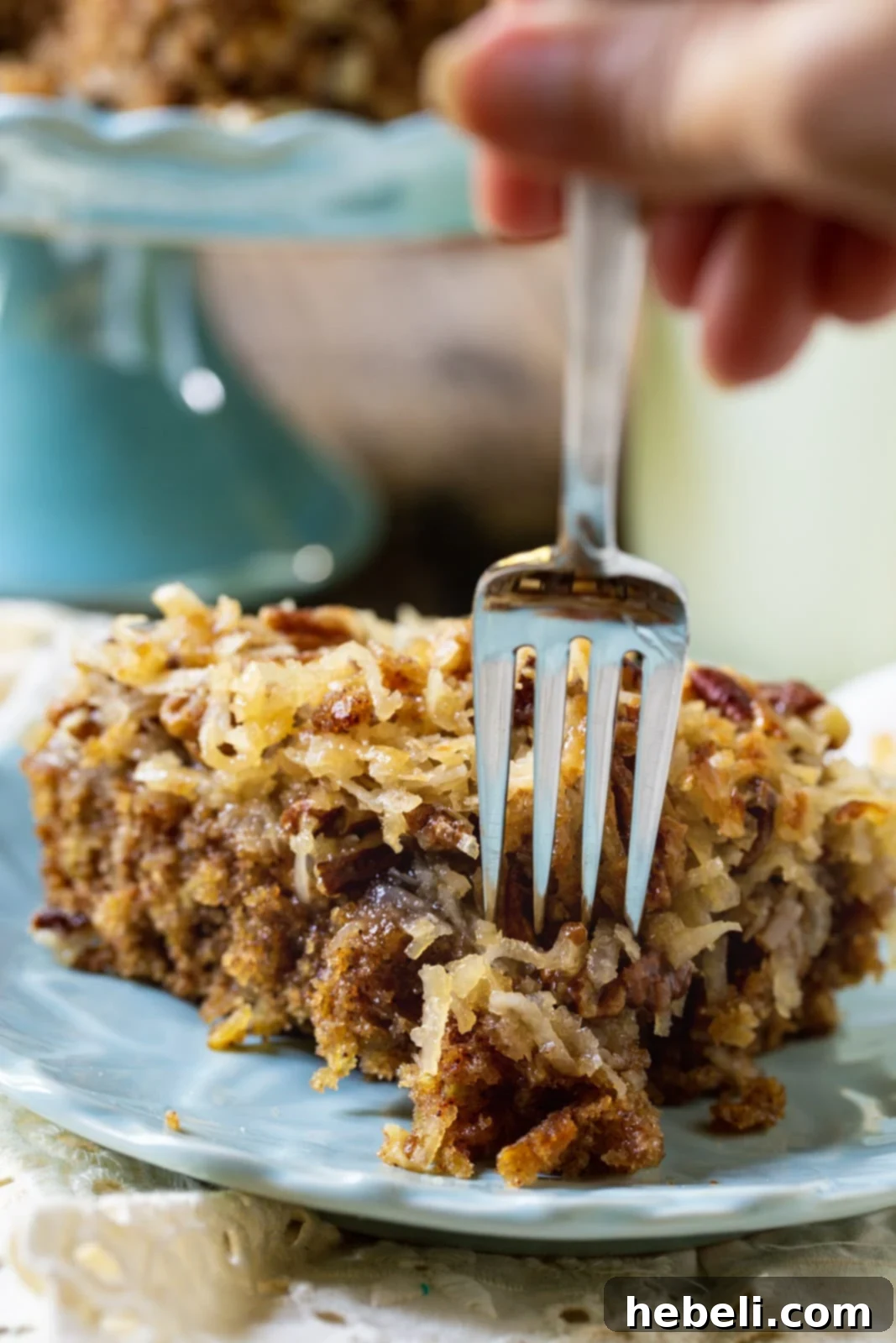 Grandma's Oatmeal Cake 4 A fork holding a piece of Old-Fashioned Oatmeal Cake, showcasing the decadent broiled coconut-pecan icing.