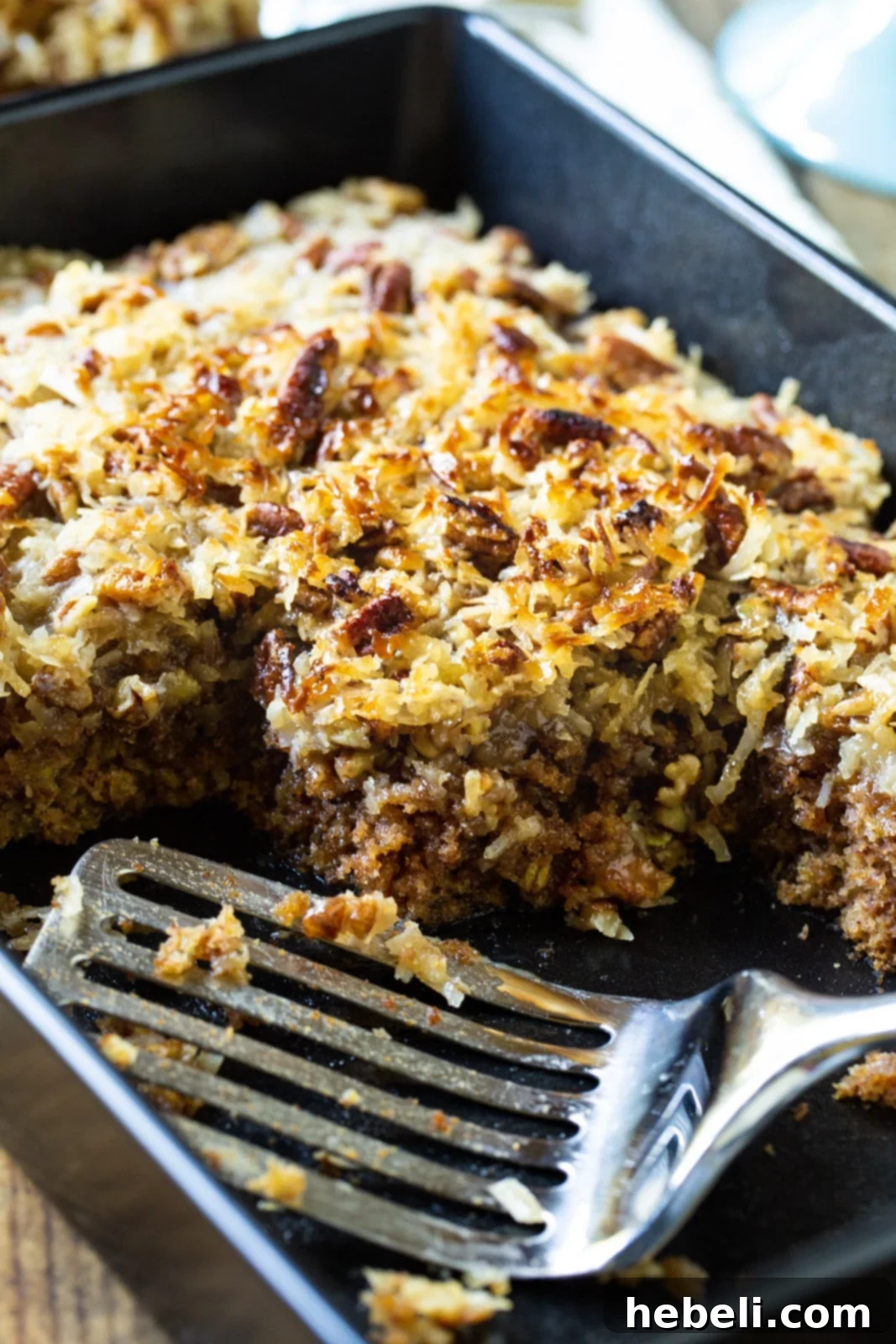 Grandma's Oatmeal Cake 5 The finished Old-Fashioned Oatmeal Cake with its broiled coconut-pecan icing, still in a 9x13-inch baking pan.