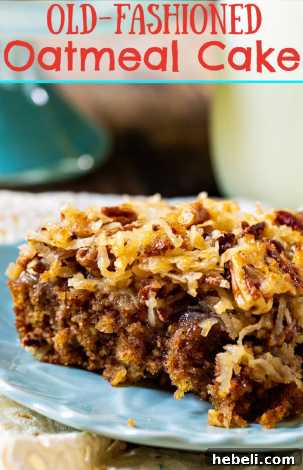 Grandma's Oatmeal Cake 7 A top-down view of the beautifully broiled Old-Fashioned Oatmeal Cake, showcasing the golden coconut and pecans.
