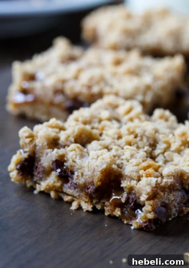 A tray of freshly baked Oatmeal Carmelitas, cut into squares, showcasing the thick, indulgent layers of chocolate and caramel.