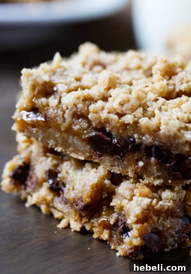 Oatmeal Carmelitas - chocolate chips and caramel sauce sandwiched between layers of oatmeal cookie dough, ready to be served.