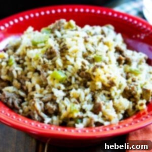 A delightful serving of Dirty Rice in a white bowl, with a spoon ready to enjoy, perfect for a hearty meal.