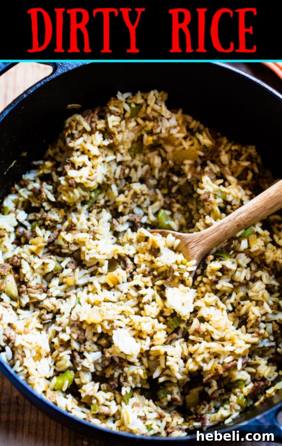 A final shot of a large pot filled with delicious Dirty Rice, perfectly seasoned and ready for serving a hungry crowd.