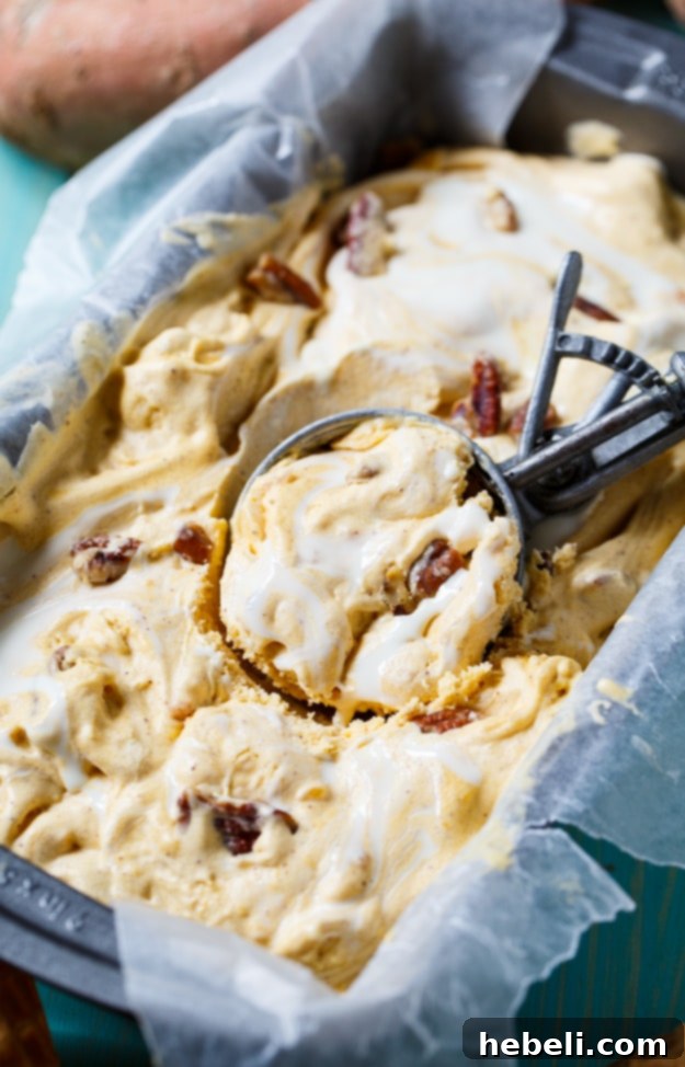 Golden Sweet Potato Ice Cream 4 Sweet Potato Ice Cream with visible marshmallow ribbon and crunchy pecan pieces.