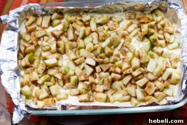 An inviting overhead shot displaying various baking ingredients, including fresh apples, flour, sugar, and butter, neatly arranged on a rustic wooden surface, signifying the start of a baking project.