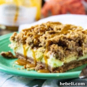 A top-down view of a fully assembled Caramel Apple Cheesecake Bar, drizzled with caramel sauce and ready to be enjoyed.