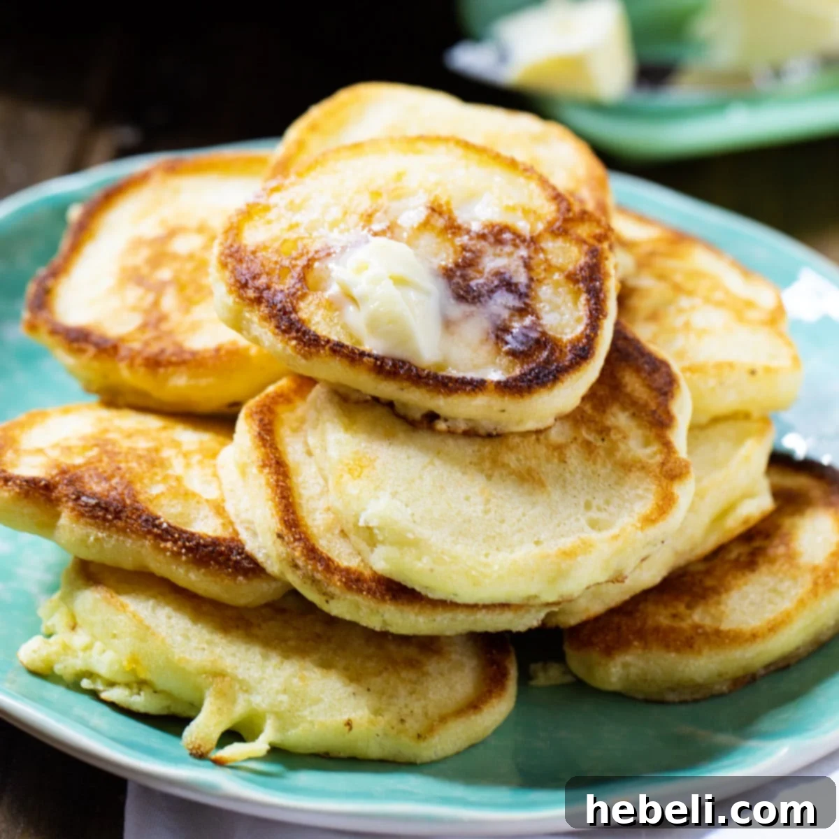 Hoe Cakes piled on a plate and topped with butter.