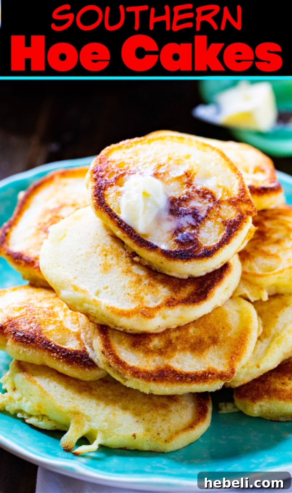A close-up of a stack of Hoe Cakes, showing their texture and golden color.