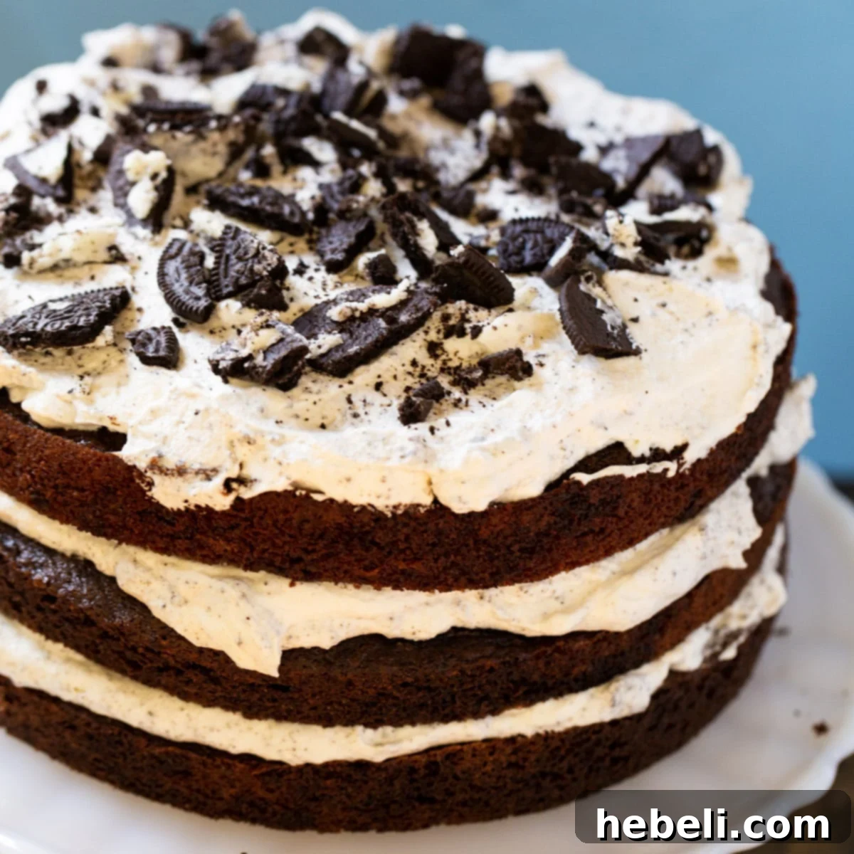 Decadent Mississippi Mudslide Cake topped with crushed Oreos on an elegant cake stand, showcasing its three luscious layers.