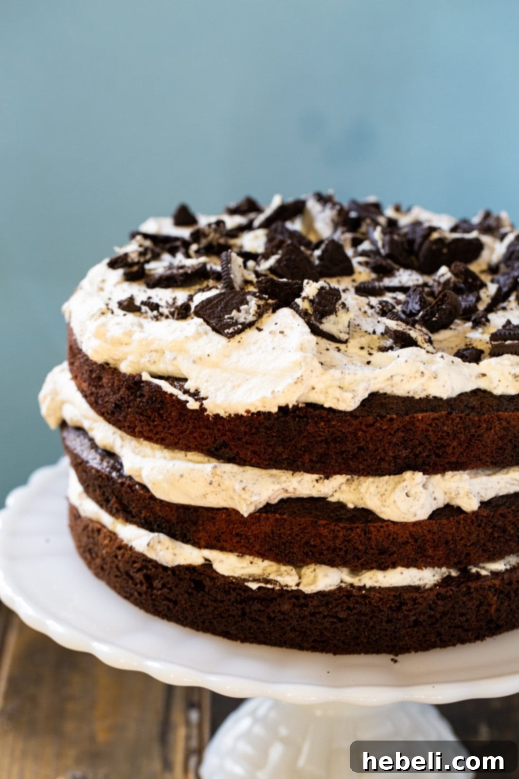 A beautifully presented three-layer Mississippi Mudslide Cake, showing off its rich chocolate layers, Kahlua whipped cream, and chocolate ganache, ready to be served.