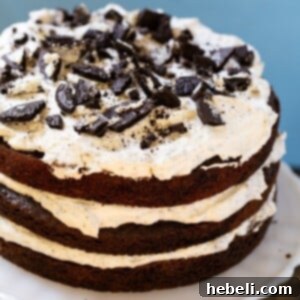 Close-up of a slice of Mississippi Mudslide Cake on a plate, showing the distinct layers of chocolate cake, Kahlua whipped cream, and ganache with Oreo crumbles.