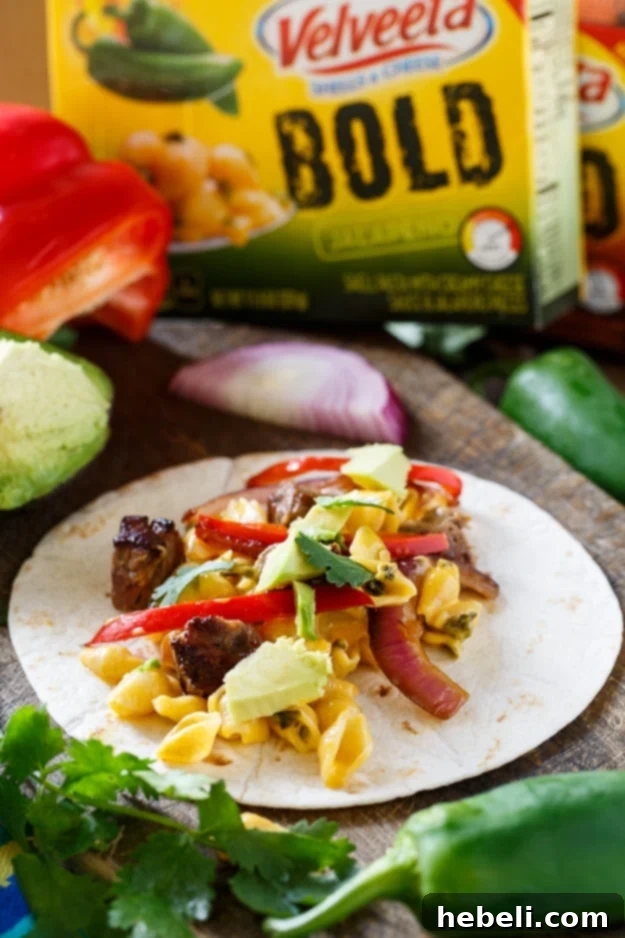 Mac and Cheese Steak Fajitas ready to serve