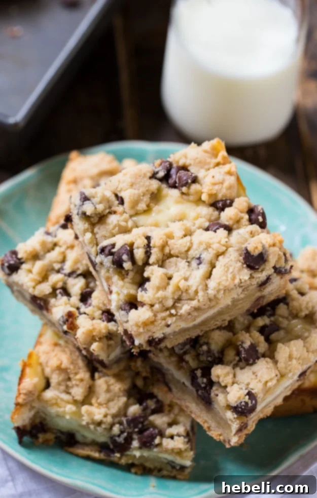 Close-up view of Tricia Yearwood's Chocolate Chip Cheesecake Bars, highlighting the rich chocolate chips