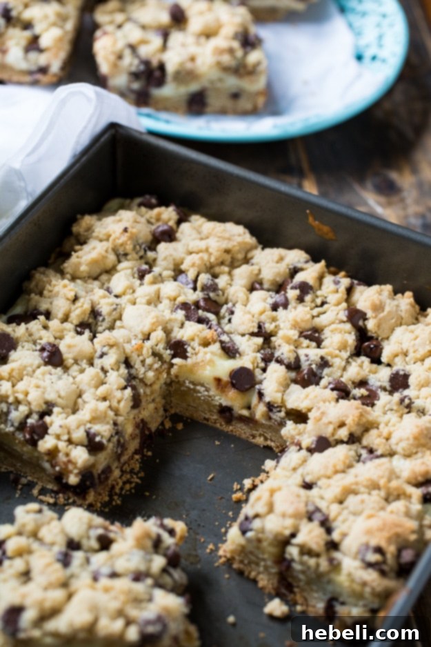 Freshly baked Chocolate Chip Cheesecake Bars, golden brown and cooling in the pan