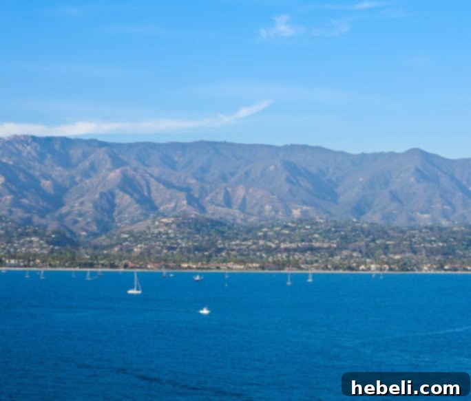 Panoramic view of Santa Barbara from the Ruby Princess Cruise ship, showing the city coastline, harbor, and mountains under a clear sky