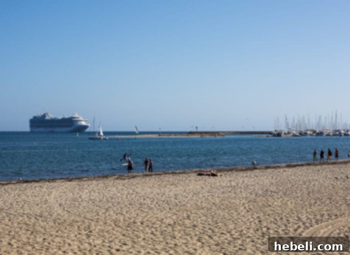 View of the Santa Barbara shoreline and beach, with people enjoying the sunny day, from the perspective of a Ruby Princess passenger