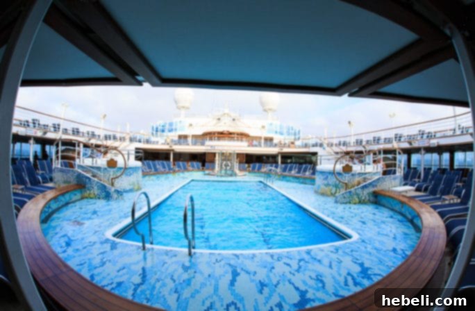 The sparkling pool area of the Ruby Princess cruise ship, inviting guests for a refreshing dip