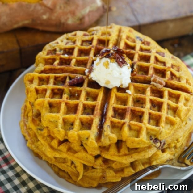 Spiced Sweet Potato Waffles 2 Sweet Potato Waffles with Pecans - Top view, golden brown waffles on a white plate with maple syrup
