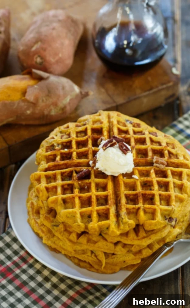 Spiced Sweet Potato Waffles 3 Sweet Potato Waffles with Pecans - Stacked waffles with melted whipped butter and a generous drizzle of maple syrup