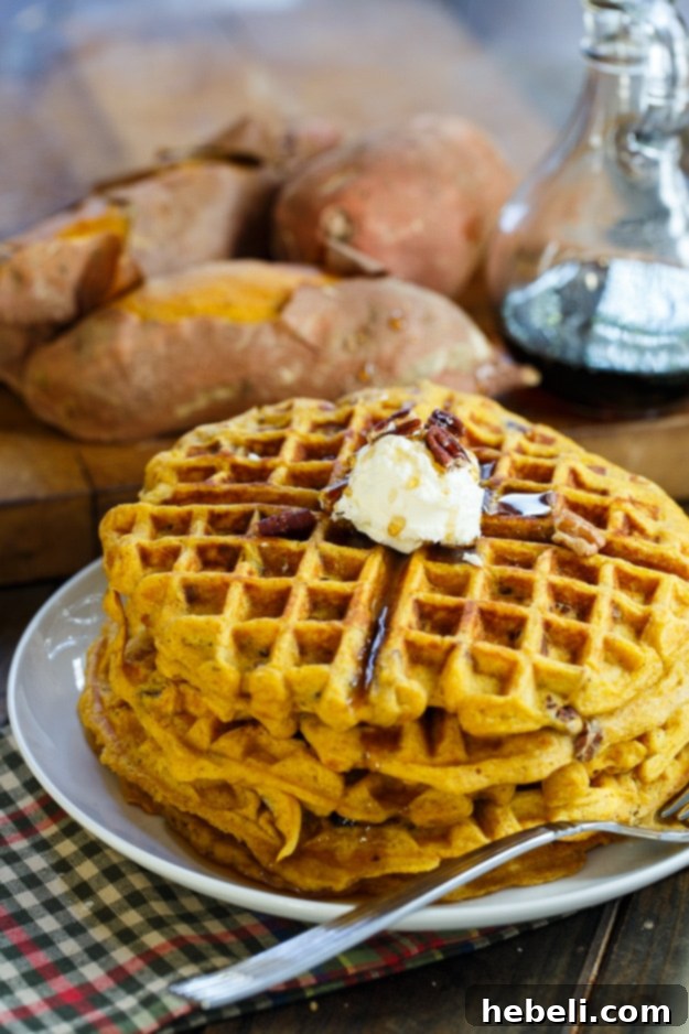 Spiced Sweet Potato Waffles 5 Sweet Potato Waffles with Pecans - Waffle batter being poured into a preheated waffle maker