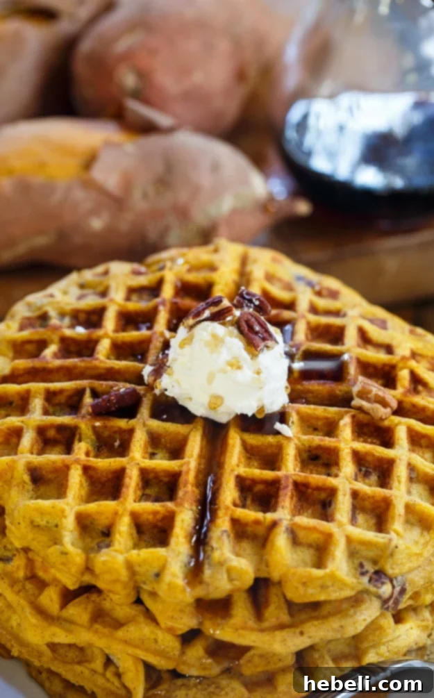 Spiced Sweet Potato Waffles 6 Sweet Potato Waffles with Pecans - Close-up of a perfectly cooked, golden brown waffle in the open iron