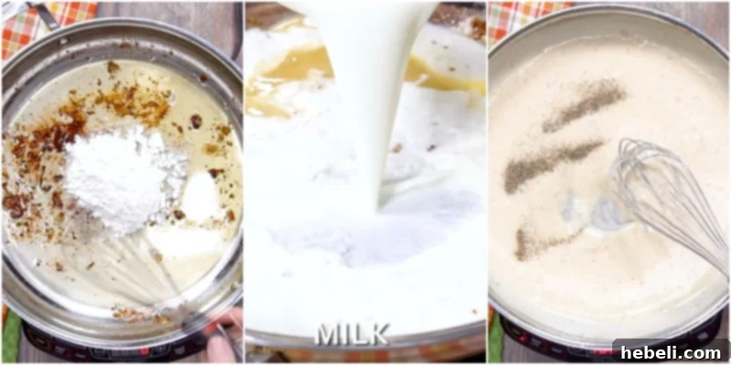Whisking flour and milk in a pan to create creamy white gravy