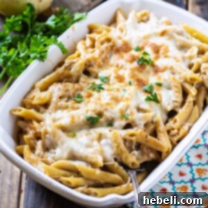 French Onion Pasta in a casserole dish.