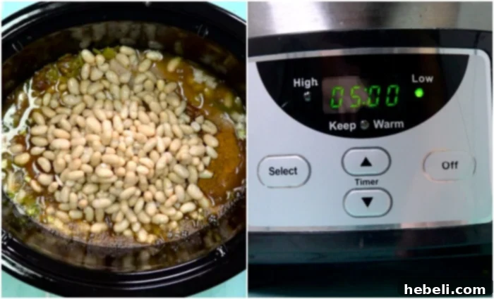 Beans added to slow cooker.