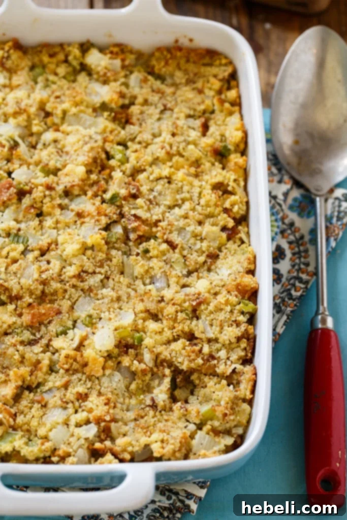 Cornbread Dressing in a casserole dish.