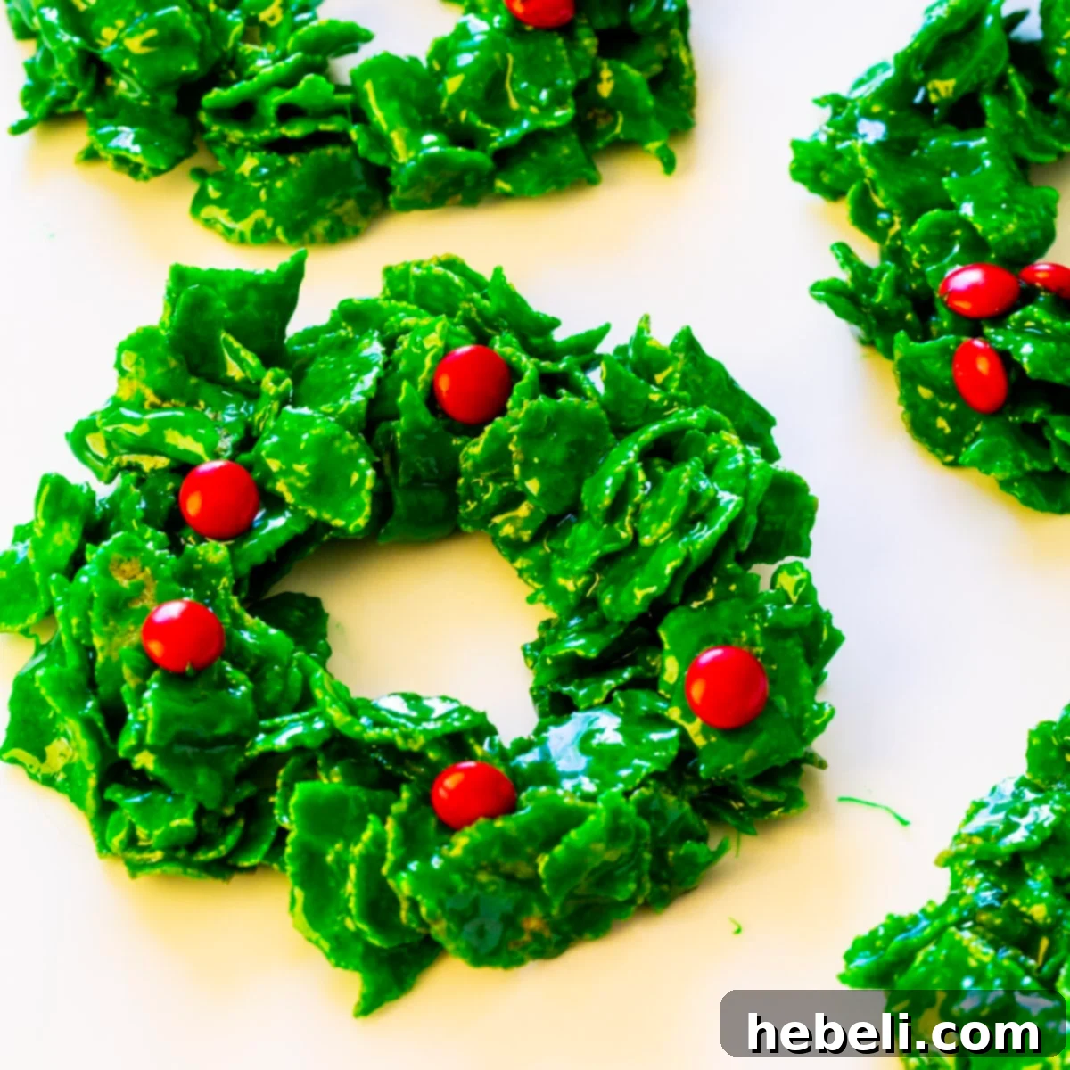 Bright green Cornflake Christmas Wreaths, adorned with red candies, spread out on a white background, ready for holiday festivities.