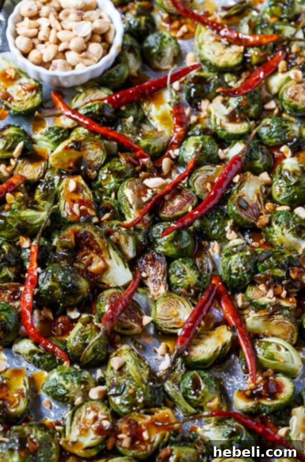 Kung Pao Glazed Brussels Sprouts 3 Close-up of roasted Kung Pao Brussels Sprouts