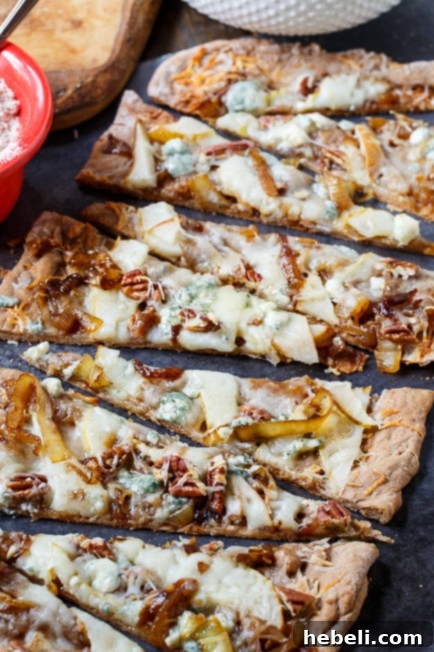 Golden Caramelized Onion and Melted Cheese Flatbreads 6 Cheesy Caramelized Onion Flatbread with pears, blue cheese, and pecans.