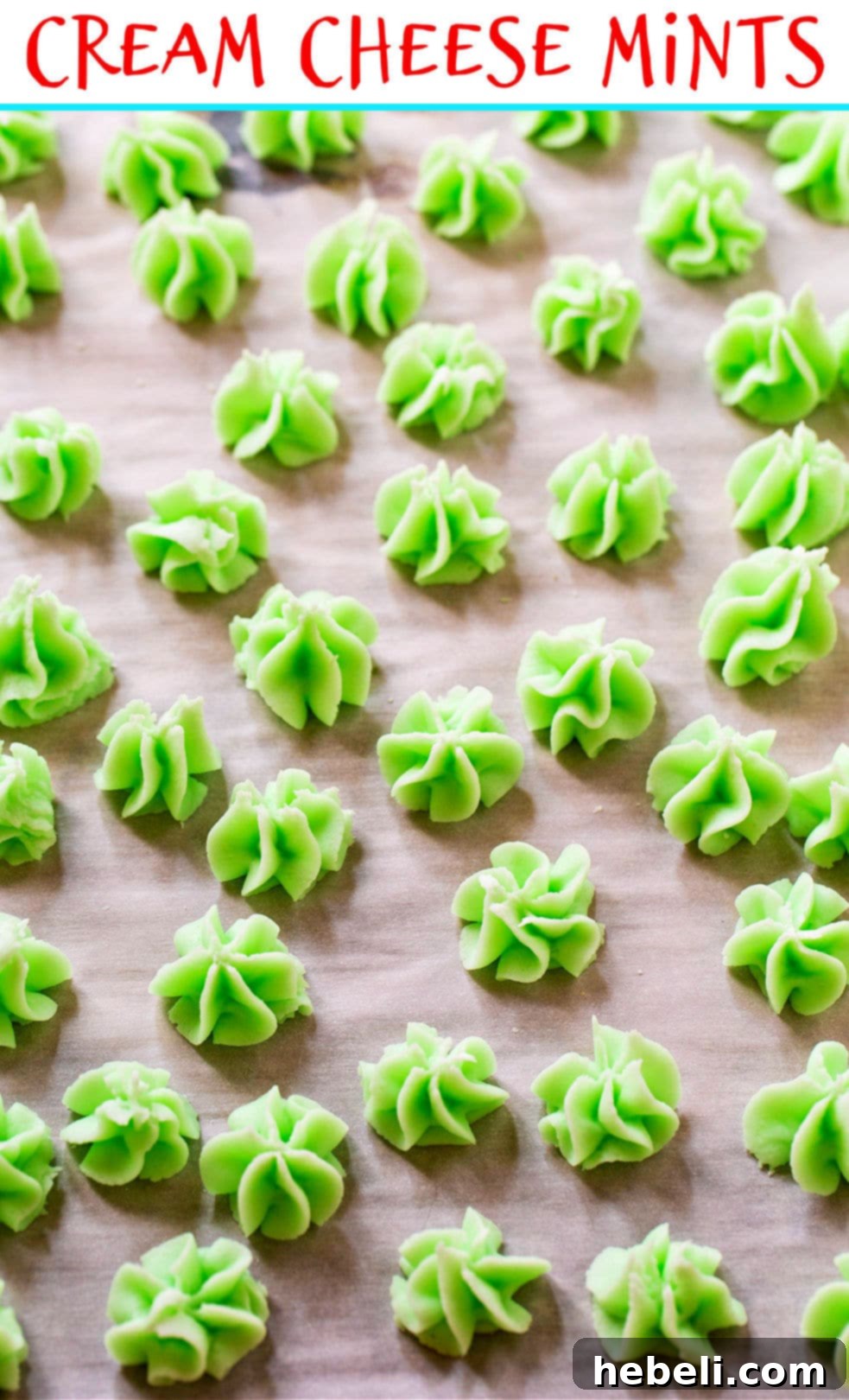 Mints spread out on parchment paper, showcasing their delicate texture and inviting green color.