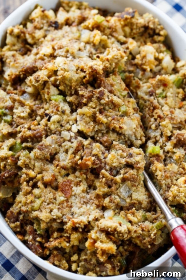 Sausage Stuffing made with ground sausage, onion, celery, sage, and a can of cream of chicken soup. Makes such a flavorful Thanksgiving side.