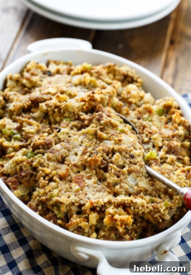 Sausage Stuffing recipe made with ground sausage, onion, celery, sage, and a can of cream of chicken soup. Makes such a flavorful Thanksgiving side.