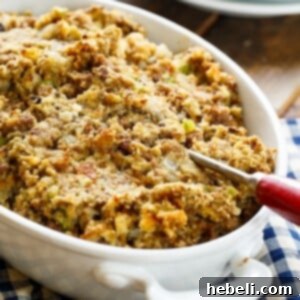 Sausage Stuffing - ground sausage, onion, celery, sage, and cream of chicken soup make this a fabulously flavored side dish for Thanksgiving.