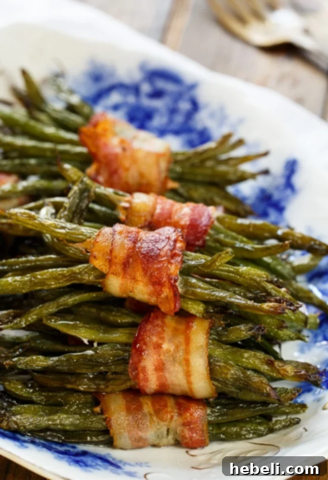 Baked Green Bean Bundles Wrapped in Bacon, golden and crispy.