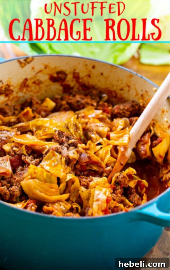 A close-up of a serving of Unstuffed Cabbage Rolls, showcasing the rich texture and vibrant colors.