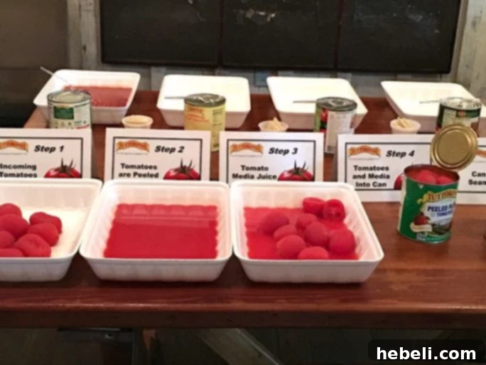 A table laden with various canned tomato brands during a taste test at the Tuttorosso Tomato event.