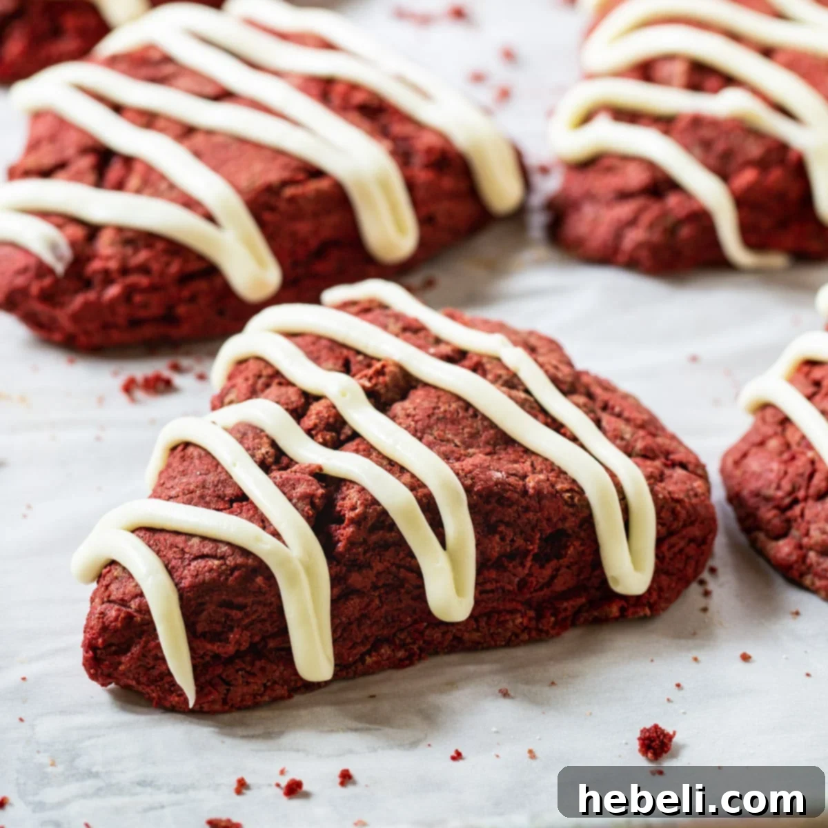 Red Velvet Scones with Cream Cheese Glaze on parchment paper.