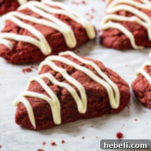 Red Velvet Scones with Cream Cheese Glaze, ready to serve.