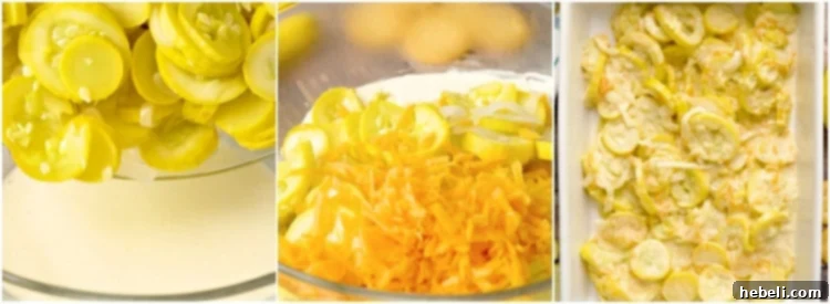 A large bowl containing the mixed squash, onion, cheese, and creamy sauce.