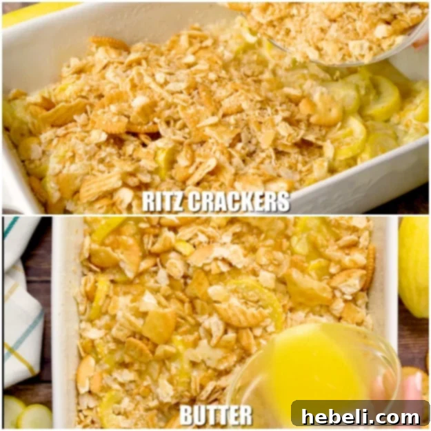 Hands sprinkling crushed Ritz crackers over the squash casserole mixture, followed by drizzling melted butter.