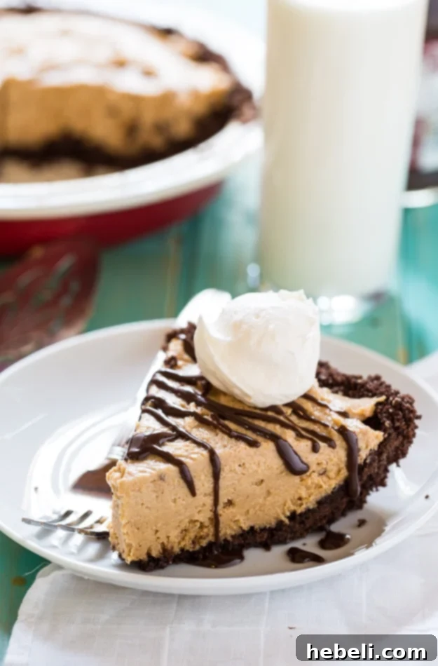 Airy Peanut Butter Delight 3 A close-up of a Lighter Peanut Butter Pie, showcasing its golden, creamy peanut butter filling and rich chocolate graham cracker crust, sweetened with SPLENDA®.